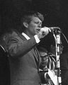 Democratic candidate Robert F. Kennedy speaks during a whistle-stop for his campaign in the Democratic primaries of the 1968 presidential election
