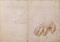 Louvre, Study of right hand of Erasmus by Holbein, with sketch of face. The hand relates to the London portrait; the face seems to be later, and related to the roundel of c. 1532