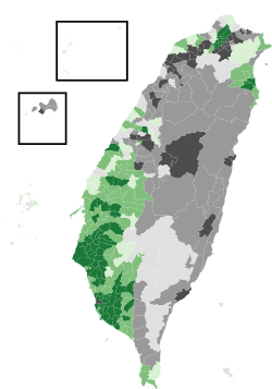 Map showing vote difference between national winner and national runner-up at the township/district level in the 2000 Taiwanese presidential election.