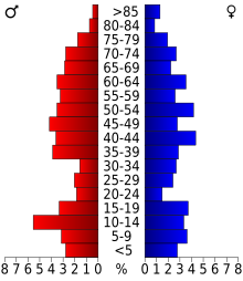 Schéma représentant la population du comté, par tranche d'âge. En rouge, à gauche, les femmes, en bleu à droite, les hommes.