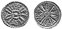 a coin of Alberht I.[25] Both sides of the coin have text in runes laid out between the limbs of a saltire pommée, decorated with pellets. Obverse: eþ æl be rt; reverse: ti æl re d.[26]