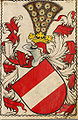 Österreich unter Habsburg: Der Bindenschild Österreichs, Topfhelm mit Pfauenstoß der Habsburger und Helmdecke in rot und silber, wie das Wappen Scheibler, 15./16 Jh.