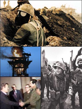 Podle směru hodinových ručiček: Íránský voják vybavený plynovou maskou proti iráckým zbraním hromadného ničení; Íránští vojáci se radují po osvobození přístavu Chorramšahr, Donald Rumsfeld a Saddám Husajn diskutují americkou pomoc Iráku; Íránská těžební věž hořící po útoku amerického námořnictva.
