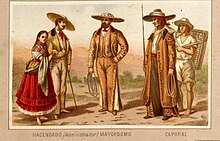 Gerarchia di un'hacienda messicana dedicata all'allevamento di bovini: l'Hacendado (o amministratore), il Mayordomo e il Caporal (1885).