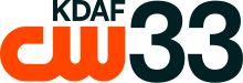 The CW logo, an orange thick logo with the letters C and W connected, in the lower left. Above it, right-aligned, is the words KDAF capitalized in a sans serif. To the right of both, full-height, is a sans-serif numeral 33.