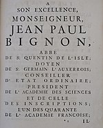 Dedication to Bignon in a 1717 copy of volume I of "Œuvres de M. Mariotte," by Edme Mariotte