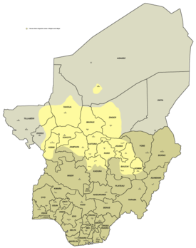 Hausan puhuma-alue (keltaisella) Nigerissä ja Nigeriassa.