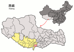 Location of Kangmar County (red) within Xigazê (yellow) and the Tibet A.R.