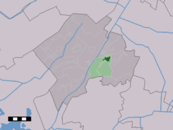 The town centre (dark green) and the statistical district (light green) of Dwingeloo in the municipality of Westerveld.