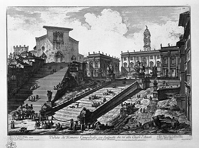 Gravura de Piranesi (1748), mostrando Santa Maria in Aracoeli à direita, a Cordonata e o Palazzo Senatorio.