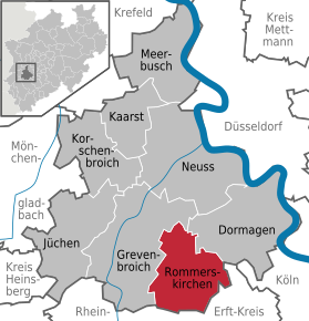 Poziția Rommerskirchen pe harta districtului Rhein-Kreis Neuss