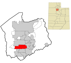 Two maps. The first map is a map of Utah with a colored in section in the middle representing where Salt Lake County is located. Second map is a map of Salt Lake County has a colored in section in the southwest showing where South Jordan is located.