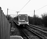 P86 stock fitted with pantograph during evaluation trials for a potential tram system in Manchester in 1987