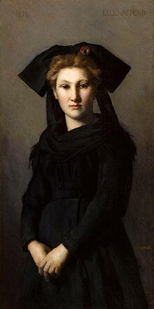 Portrait peint d'une femme vêtue de noir et portant une coiffe noire surmontée d'une cocarde bleu-blanc-rouge.