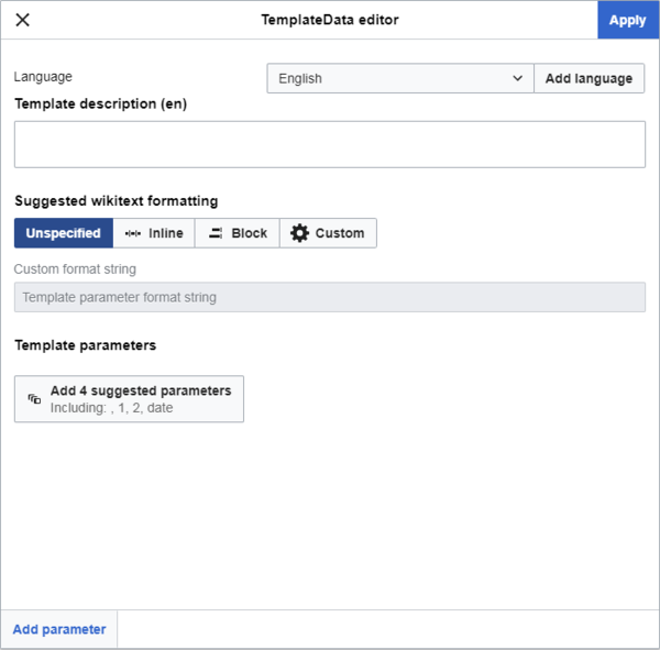 A screenshot of the template data editing tool