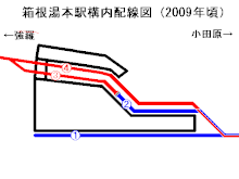 構内図。青線は狭軌、赤線は標準軌を示す。
