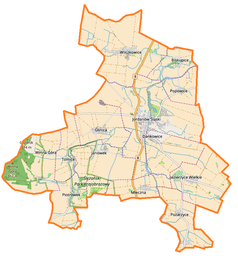 Mapa konturowa gminy Jordanów Śląski, blisko centrum na lewo znajduje się punkt z opisem „Dwór w Janówku”