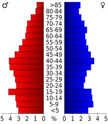 Schéma représentant la population du comté, par tranche d'âge. En rouge, à gauche, les femmes, en bleu à droite, les hommes.