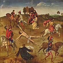 "martira morto de la Sankta Hipolito", pentristo Dieric Bouts, 1470-1475, Bruĝo, muzeo de la katedralo Sint Salvator (Sankta Savanto)