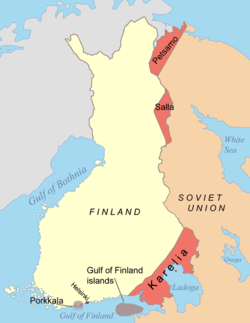 Területek, melyeket Finnországnak át kellett adnia Szovjetuniónak a folytatólagos háború után. Porkkala 1956-ban vissza lett csatolva az országhoz