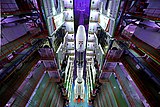 Top view of a fully Integrated GSLV-F08 inside the Vehicle Assembly Building.