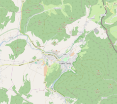 Mapa konturowa Lądku-Zdroju, w centrum znajduje się punkt z opisem „Zakład przyrodoleczniczy „Wojciech””