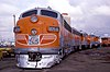 An EMD FP7 locomotive, one of the American "bulldog noses"