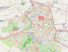 Mapa konturowa Zamościa, blisko centrum po prawej na dole znajduje się punkt z opisem „Parafia Najświętszego Serca Pana Jezusa i Narodzenia Najświętszej Maryi Panny”