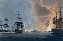 L’explosion de l’Orient. Impressionnées par l'évènement, les deux flottes cessent un moment le combat pour observer la scène. Tableau de Thomas Whitcombe, 1816.