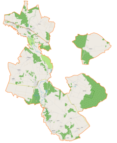 Mapa konturowa gminy Liw, blisko centrum na lewo znajduje się punkt z opisem „Liw”