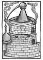 Balneum Mariae. Ofen mit Kupfer-Cappel, Glas-Cucurbit, Glas-Alembic und Glas-Viole. 1500[18]