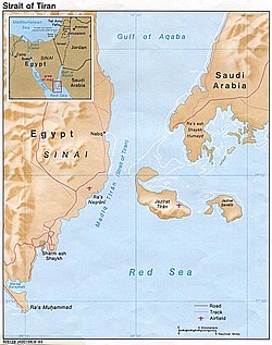 Carte du détroit de Tiran dans le golfe d'Aqaba à sa limite avec la mer Rouge