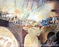 The painting shows the attack of the Russians from the left on the bridge partially destroyed by the French.