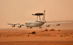 A US Air Force E-3 Sentry deployed to the 363rd Air Expeditionary Wing takes off from Prince Sultan AB during 2003 in support of Operation Iraqi Freedom.