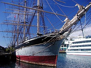 Docked at the Aloha Tower Complex is the Falls of Clyde, the only iron-hulled, four-masted ship in the world.