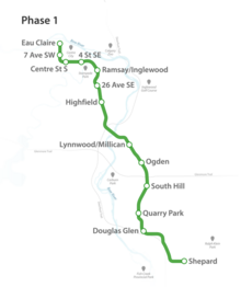 A simple map showing a green line demonstrating the future alignment of the phase 1 of the Green Line LRT project going from Eau Claire to Shepard.