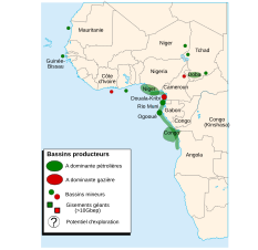 Carte montrant les gisements de pétrole d'Afrique centrale, du Niger à l'Angola et de la Côte d'Ivoire au Tchad.