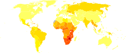 A map of the world where much of it is colored yellow or orange except for sub Saharan Africa which is colored red or dark red