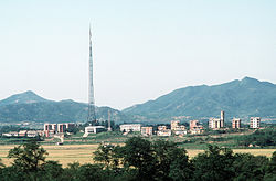 The Panmunjom flagpole, flying the flag of North Korea.