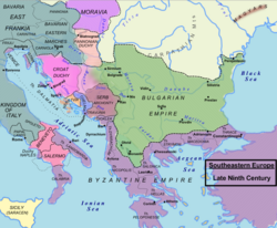 公元850的东南欧地图 棕色为弗拉斯蒂米尔（英语：Vlastimir）王公治下的塞尔维亚