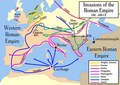 Image 60The Barbarian invasions consisted of the movement of (mainly) ancient Germanic peoples into Roman territory. Historically, this event marked the transition between classical antiquity and the Middle Ages. (from Roman Empire)