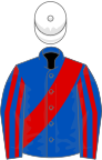 Royal Blue, Red sash, striped sleeves, White cap