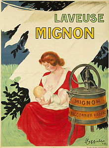 Une ménagère est montrée allaitant un enfant, sur cette affiche publicitaire de Leonetto Cappiello datant de 1921.