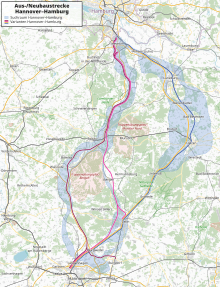 Vier farbig markierte, mögliche Eisenbahntrassenverläufe zwischen Hannover und Hamburg