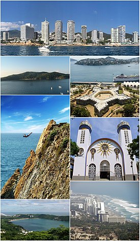 Counterclockwise from top: Acapulco Bay skyline, La Quebrada, Island of La Roqueta, Acapulco Diamante, bay of Puerto Marqués, Our Lady of Solitude Cathedral, Chapel of Peace (left) and mural of Quetzalcoatl by Diego Rivera (right), Fort of San Diego