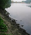 Früh morgens ist am Ufer die tägliche Schwankung des Wasserstands erkennbar.