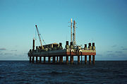 Scout-B1 rocket with Ariel 5 satellite on the San Marco launch platform in Oct. 1974 (NASA)