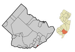 Location of Longport in Atlantic County highlighted in red (left). Inset map: Location of Atlantic County in New Jersey highlighted in orange (right).