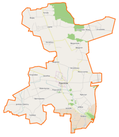Mapa konturowa gminy Raszków, blisko centrum na prawo znajduje się punkt z opisem „Parafiapw. Zwiastowania Pańskiegow Skrzebowej”