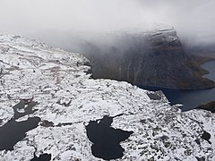 View of Trolltunga from the air in early October